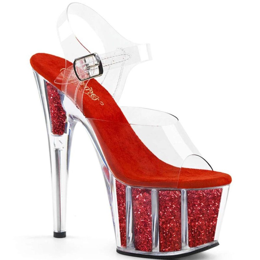 High Heels Pleaser | Pleaser Sandalette Adore-708G Transparent Rot Glitter