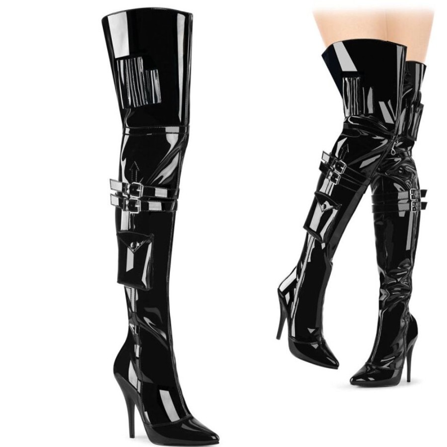 High Heels Pleaser | Pleaser Seduce-3019 Overknee Stiefel Lack Schwarz