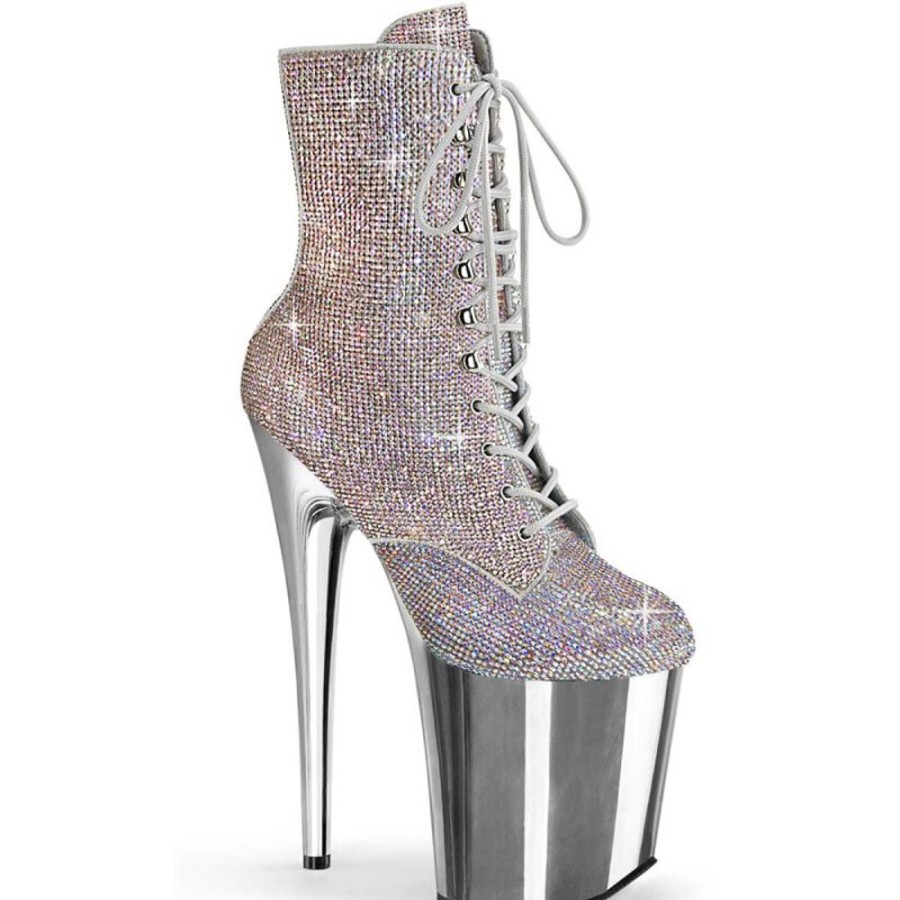 High Heels Pleaser | Pleaser Flamingo-1020Chrs Plateau Stiefeletten Multi Strass Chrom Silber