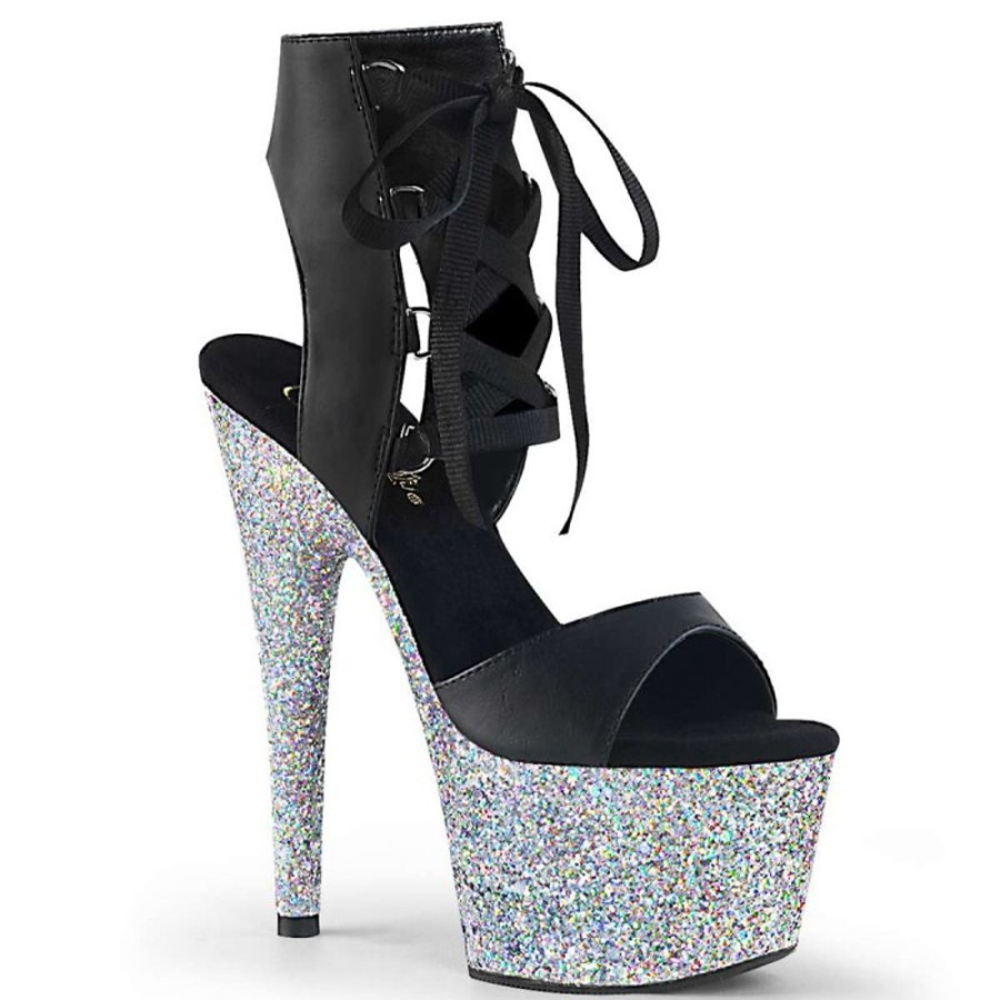 High Heels Pleaser | Pleaser Sandalette Adore-700-14Lg Schwarz Silber Multi Glitter