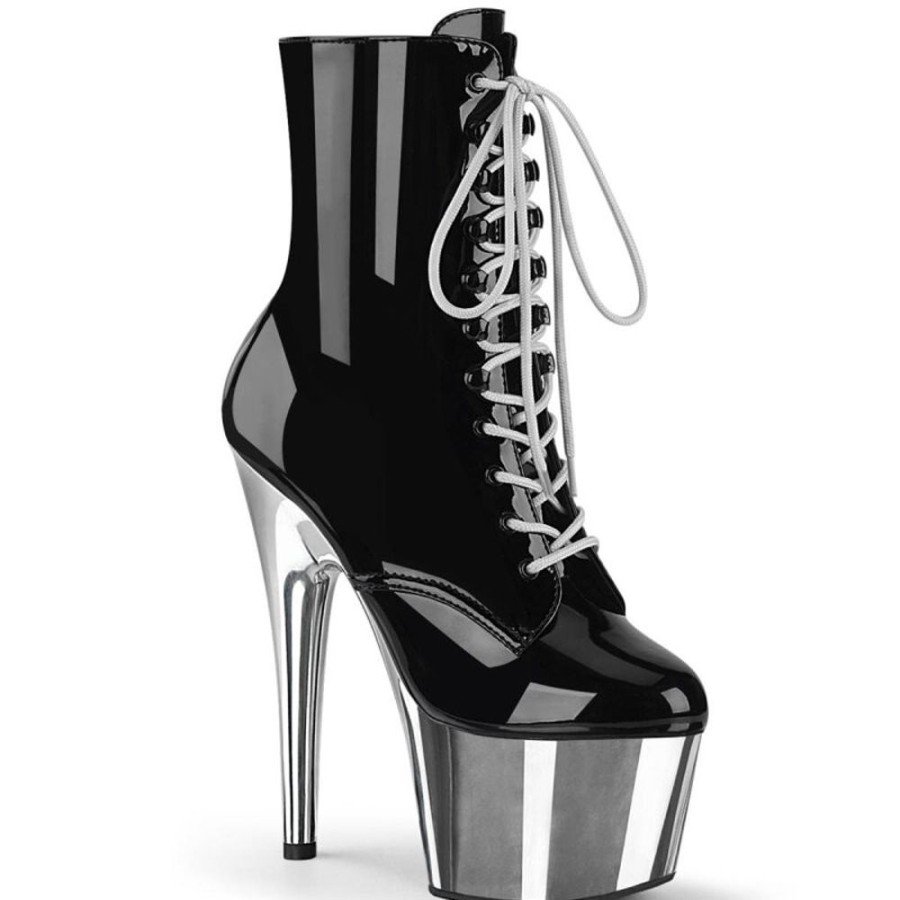 High Heels Pleaser | Pleaser Adore-1020 Plateau Stiefeletten Lack Chrom Schwarz Silber