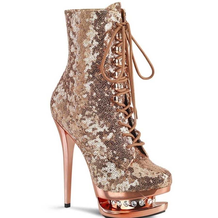 High Heels Pleaser | Pleaser Blondie-R-1020 Plateau Stiefeletten Pailetten Chrom Rose-Gold