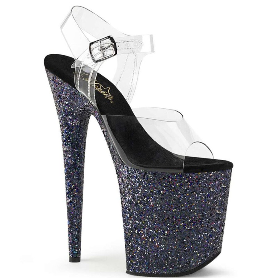 High Heels Pleaser | Pleaser Sandalette Flamingo-808Lg Transparent Schwarz Strass