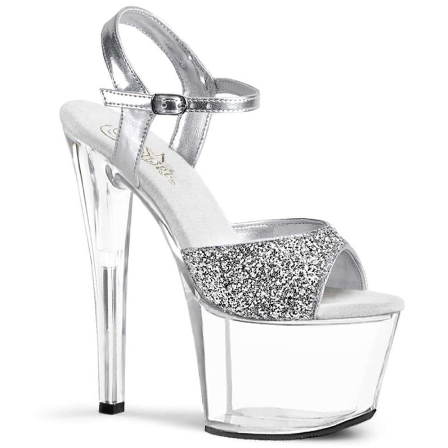 High Heels Pleaser | Pleaser Sandalette Sky-310 Silber Glitter Transparent