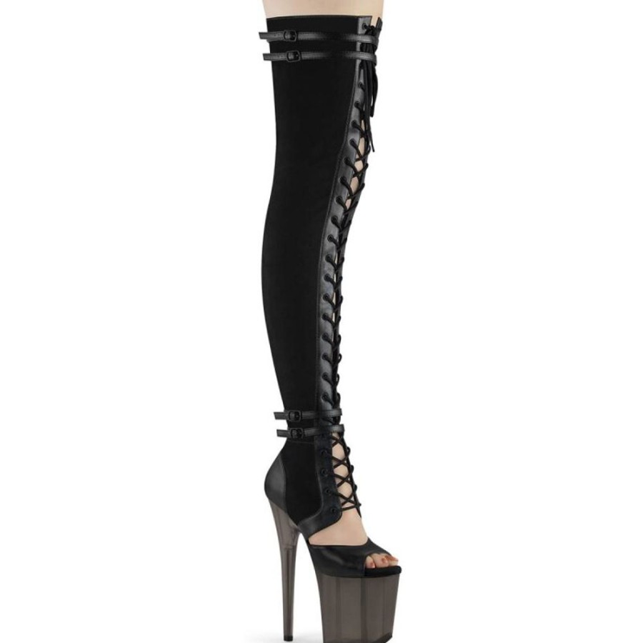 High Heels Pleaser | Pleaser Flamingo-3027 Plateau Overknee Stiefel Kunstliches Wildleder Schwarz