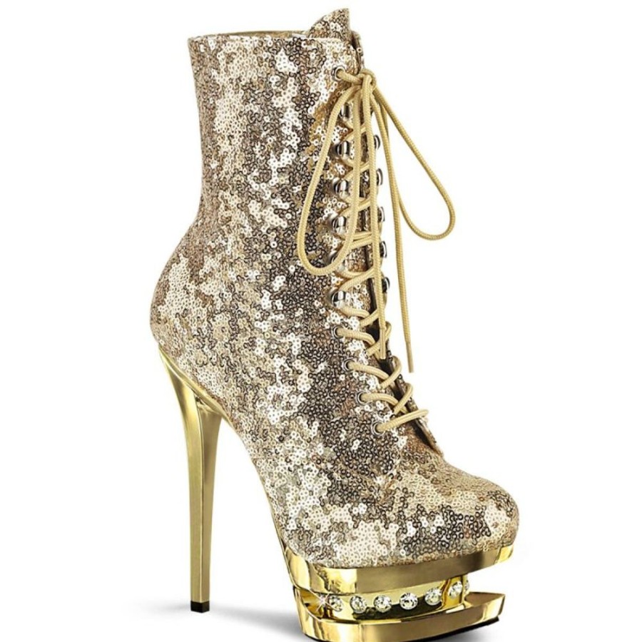 High Heels Pleaser | Pleaser Blondie-R-1020 Plateau Stiefeletten Pailetten Chrom Gold