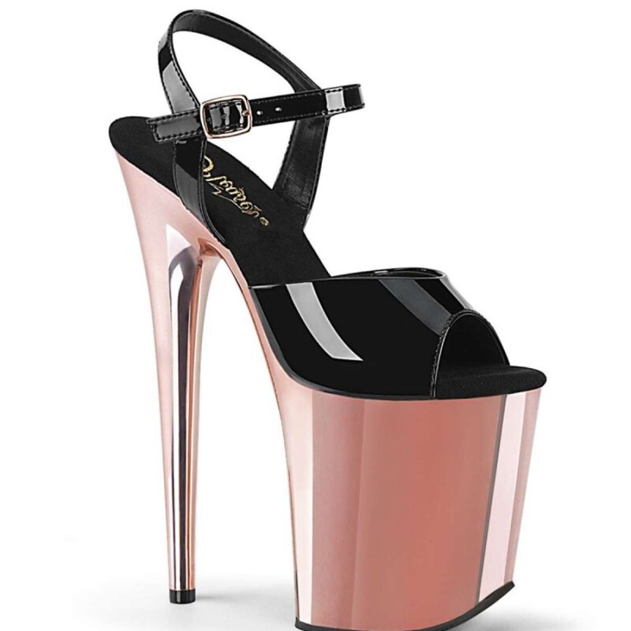 High Heels Pleaser | Pleaser Sandalette Flamingo-809 Schwarz Rose-Gold Chrom