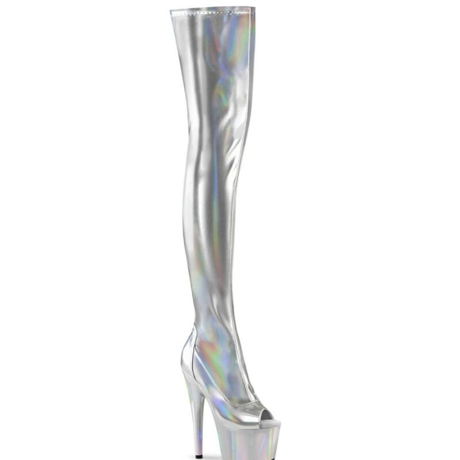 High Heels Pleaser | Pleaser Adore-3011Hwr Plateau Overknee Stiefel Holo Silber