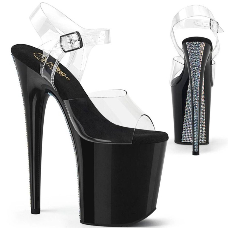 High Heels Pleaser | Pleaser Flamingo-808Crs-2 Plateau Sandaletten Strass Transparent Schwarz