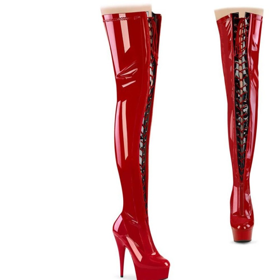 High Heels Pleaser | Pleaser Delight-3027 Plateau Overknee Stiefel Lack Rot