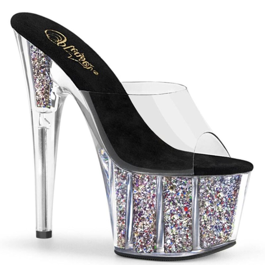 High Heels Pleaser | Pleaser Adore-701Cg Plateau Pantoletten Glitter Transparent Silber