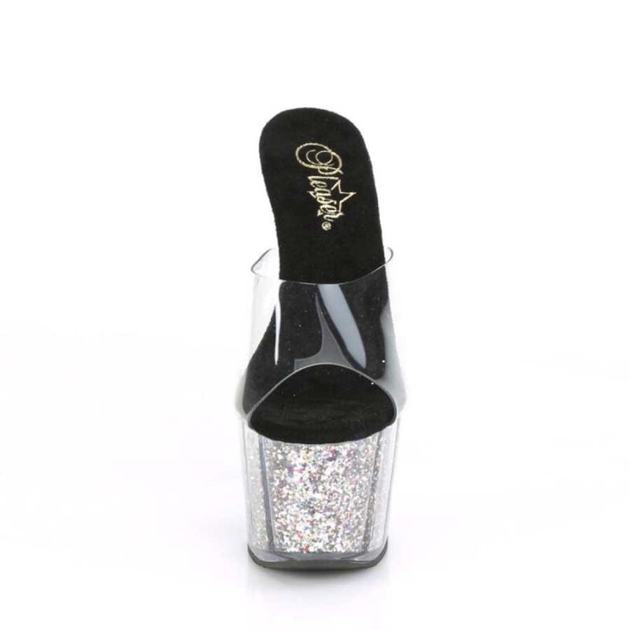 High Heels Pleaser | Pleaser Adore-701Cg Plateau Pantoletten Glitter Transparent Silber