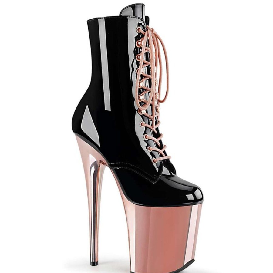 High Heels Pleaser | Pleaser Stiefelette Flamingo-1020 Schwarz Rose-Gold Chrom