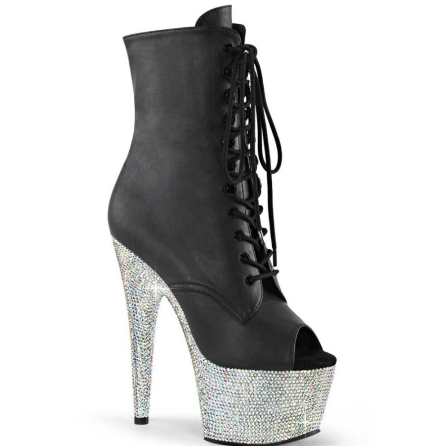 High Heels Pleaser | Pleaser Bejeweled-1021-7 Plateau Stiefeletten Kunstleder Strass Schwarz Silber