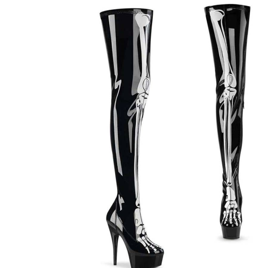 High Heels Pleaser | Pleaser Delight-3000Bone Plateau Overknee Stiefel Lack Schwarz