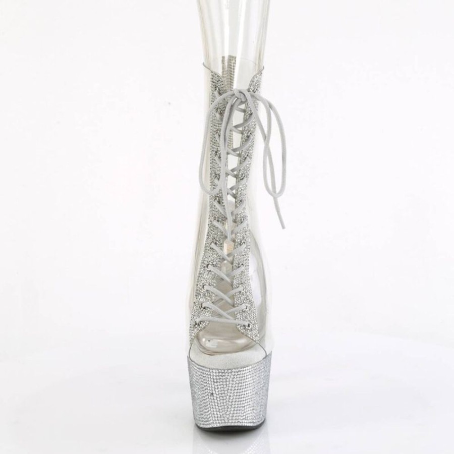 High Heels Pleaser | Pleaser Bejeweled-1016C-2-7 Plateau Stiefeletten Strass Transparent Silber