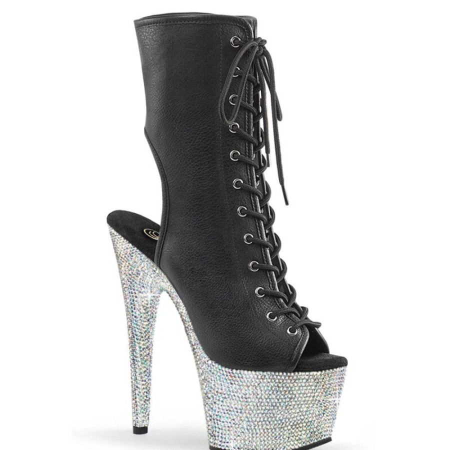 High Heels Pleaser | Pleaser Bejeweled-1016-7 Plateau Stiefeletten Kunstleder Strass Schwarz Silber