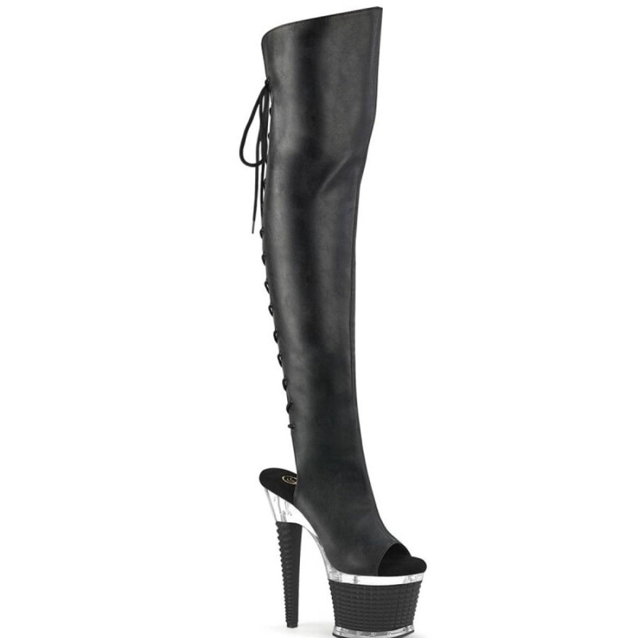 High Heels Pleaser | Pleaser Spectator-3019 Plateau Overknee Stiefel Kunstleder Schwarz