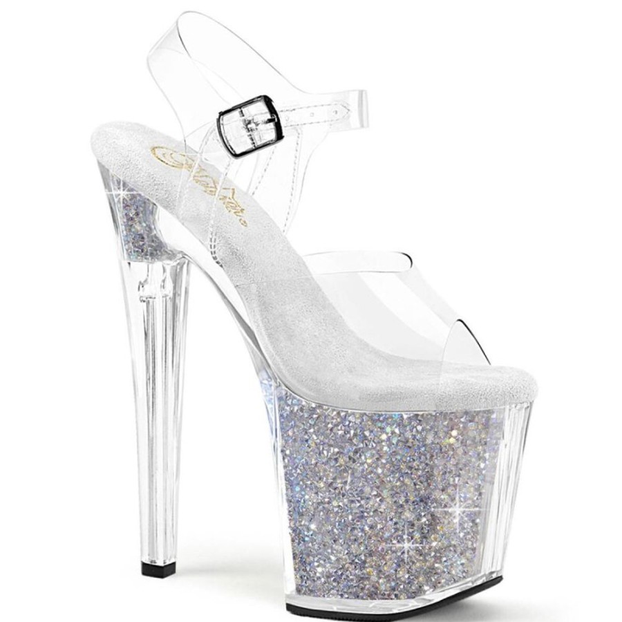 High Heels Pleaser | Pleaser Enchant-708Rsi Plateau Sandaletten Glitter Transparent Silber