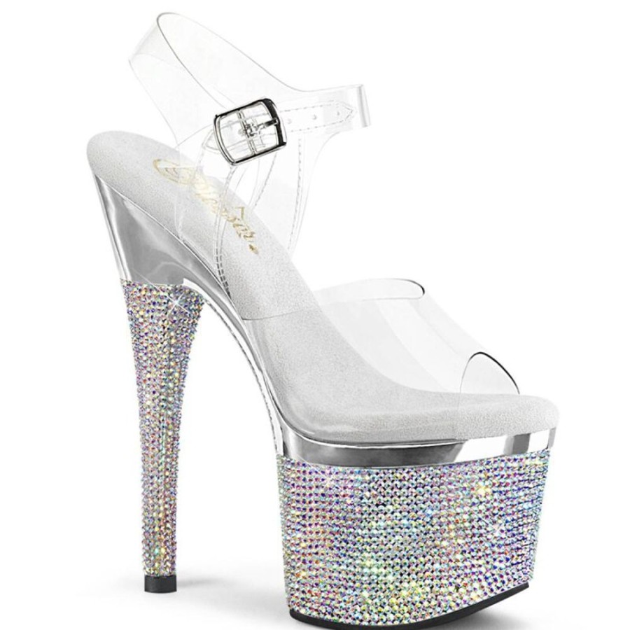 High Heels Pleaser | Pleaser Esteem-708Dm Plateau Sandaletten Strass Chrom Transparent Silber