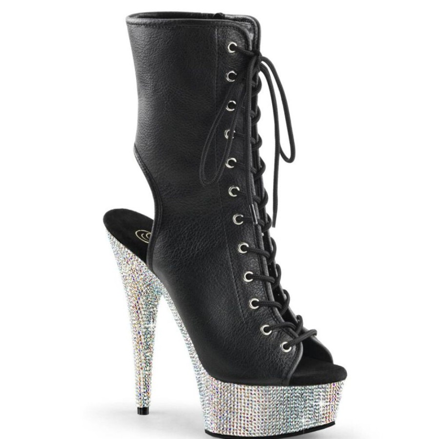 High Heels Pleaser | Pleaser Bejeweled-1016-6 Plateau Stiefeletten Kunstleder Strass Schwarz Silber