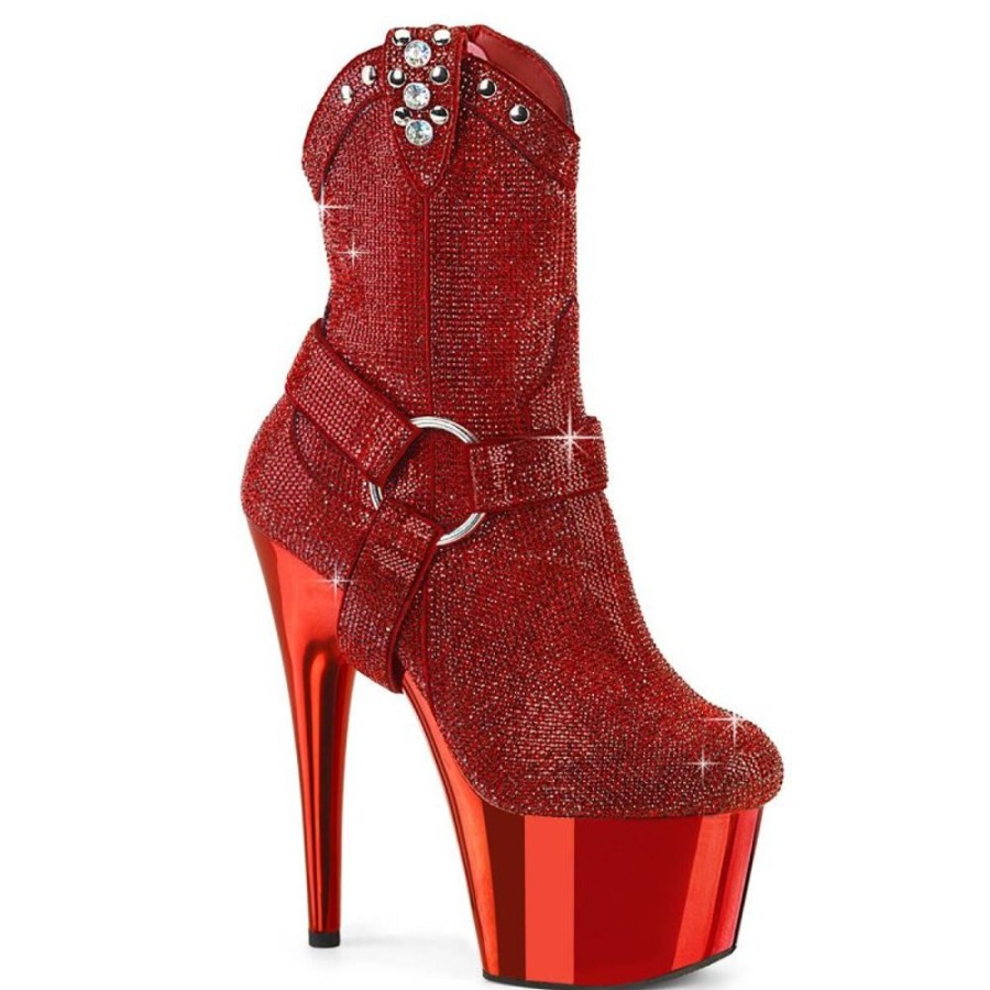 High Heels Pleaser | Pleaser Adore-1029Chrs Plateau Stiefeletten Strass Chrom Rot