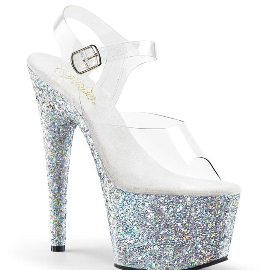 High Heels Pleaser | Pleaser Sandalette Adore-708Lg Transparent Silber Multi Glitter