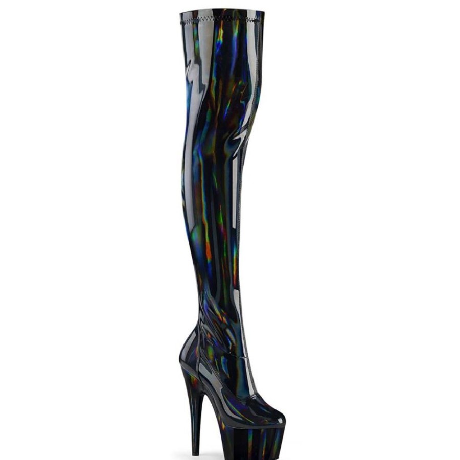 High Heels Pleaser | Pleaser Adore-3000Hwr Plateau Overknee Stiefel Holo Schwarz