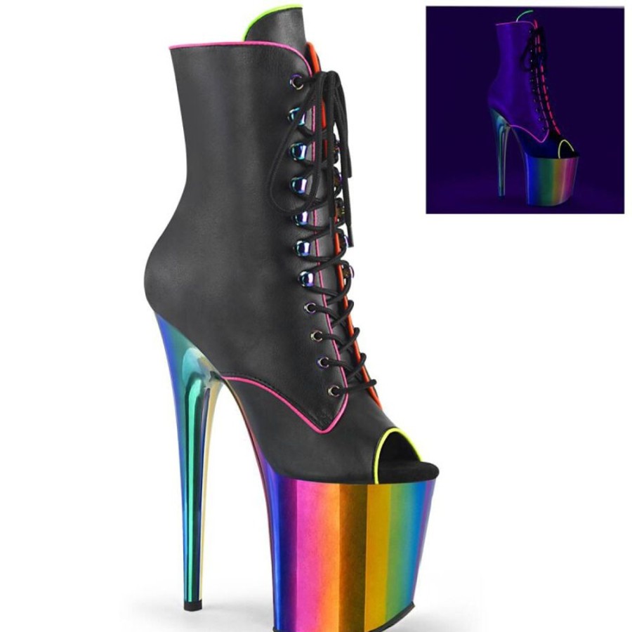 High Heels Pleaser | Pleaser Flamingo-1021Rc-02 Plateau Stiefeletten Leder Chrom Schwarz Bunt