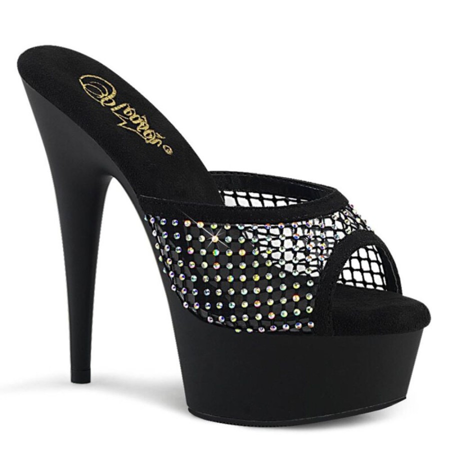 High Heels Pleaser | Pleaser Delight-601-6Rm Plateau Pantoletten Kunstliches Wildleder Strass Schwarz