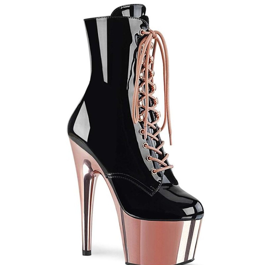 High Heels Pleaser | Pleaser Stiefelette Adore-1020 Schwarz Rose-Gold Chrom