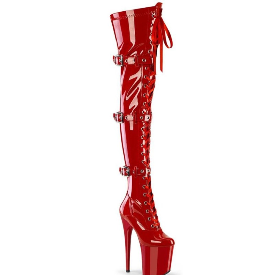 High Heels Pleaser | Pleaser Flamingo-3028 Plateau Overknee Stiefel Lack Rot