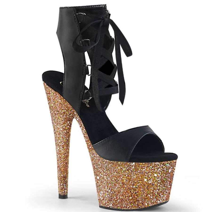 High Heels Pleaser | Pleaser Sandalette Adore-700-14Lg Schwarz Gold Multi Glitter