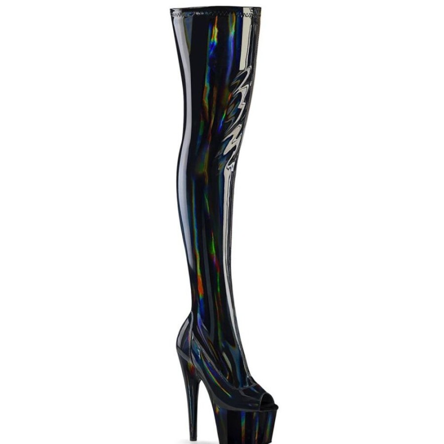 High Heels Pleaser | Pleaser Adore-3011Hwr Plateau Overknee Stiefel Holo Schwarz