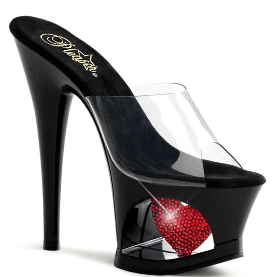 High Heels Pleaser | Pleaser Pantolette Moon-701Hrs Transparent Schwarz Rot Strass