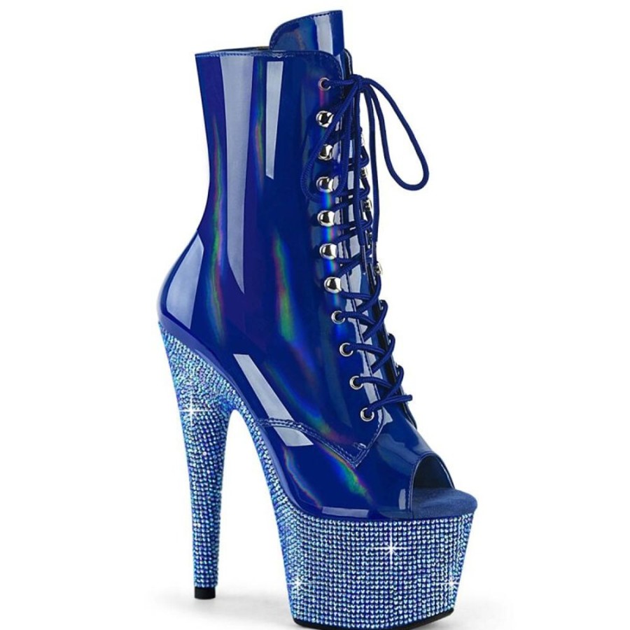 High Heels Pleaser | Pleaser Bejeweled-1021-7 Plateau Stiefeletten Holo Strass Blau