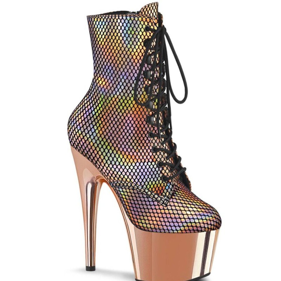 High Heels Pleaser | Pleaser Adore-1020Hfn Plateau Stiefeletten Mesh Holo Rose-Gold