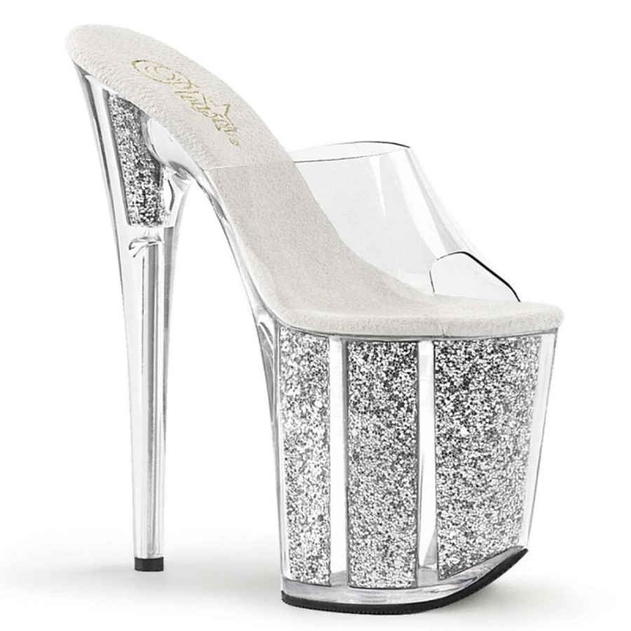 High Heels Pleaser | Pleaser Pantolette Flamingo-801G Transparent Silber Multi Glitter