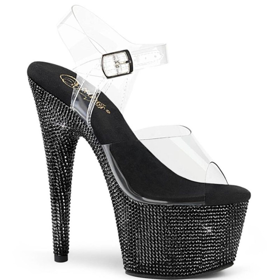 High Heels Pleaser | Pleaser Bejeweled-708Dm Plateau Sandaletten Strass Transparent Schwarz