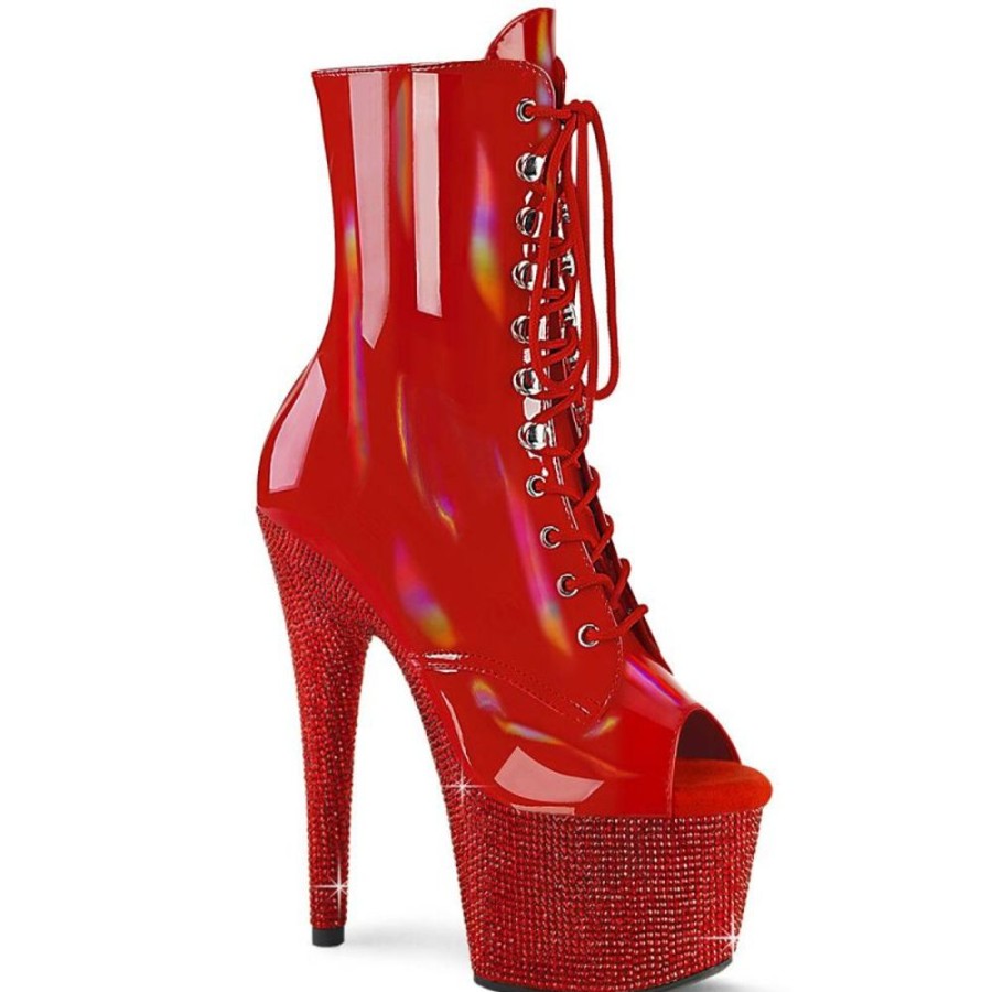 High Heels Pleaser | Pleaser Bejeweled-1021-7 Plateau Stiefeletten Holo Strass Rot