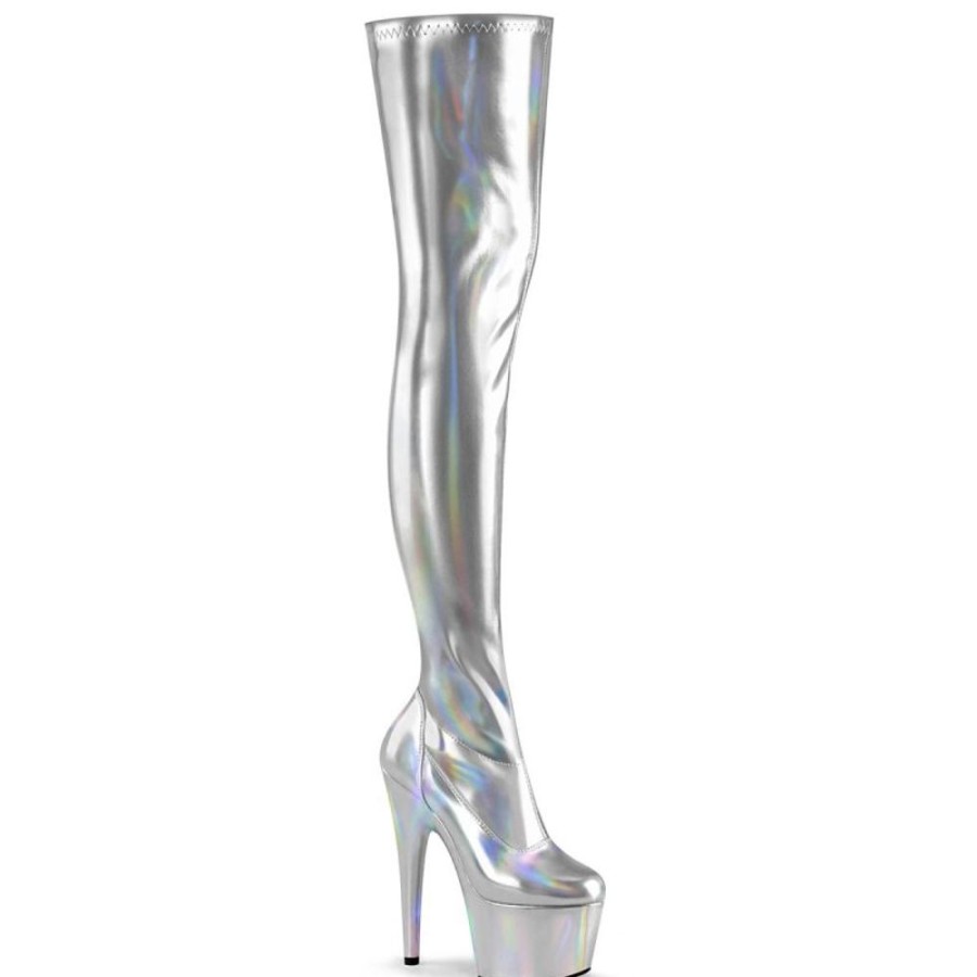 High Heels Pleaser | Pleaser Adore-3000Hwr Plateau Overknee Stiefel Holo Silber