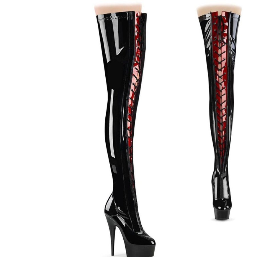 High Heels Pleaser | Pleaser Delight-3027 Plateau Overknee Stiefel Lack Schwarz