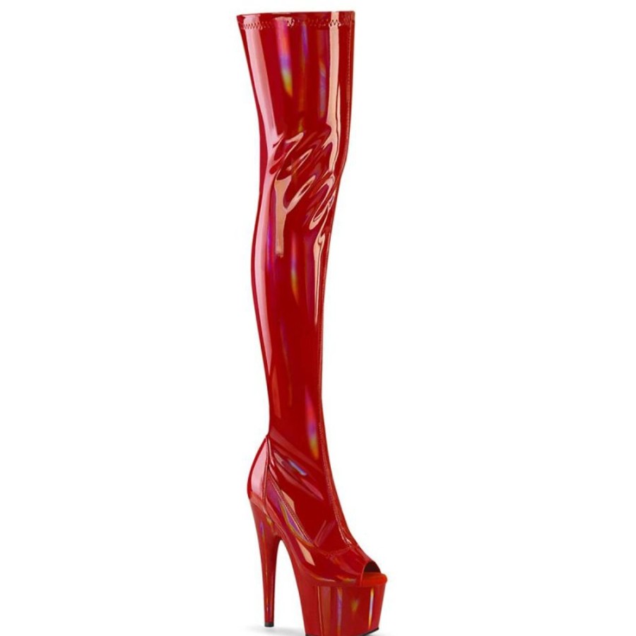 High Heels Pleaser | Pleaser Adore-3011Hwr Plateau Overknee Stiefel Holo Rot