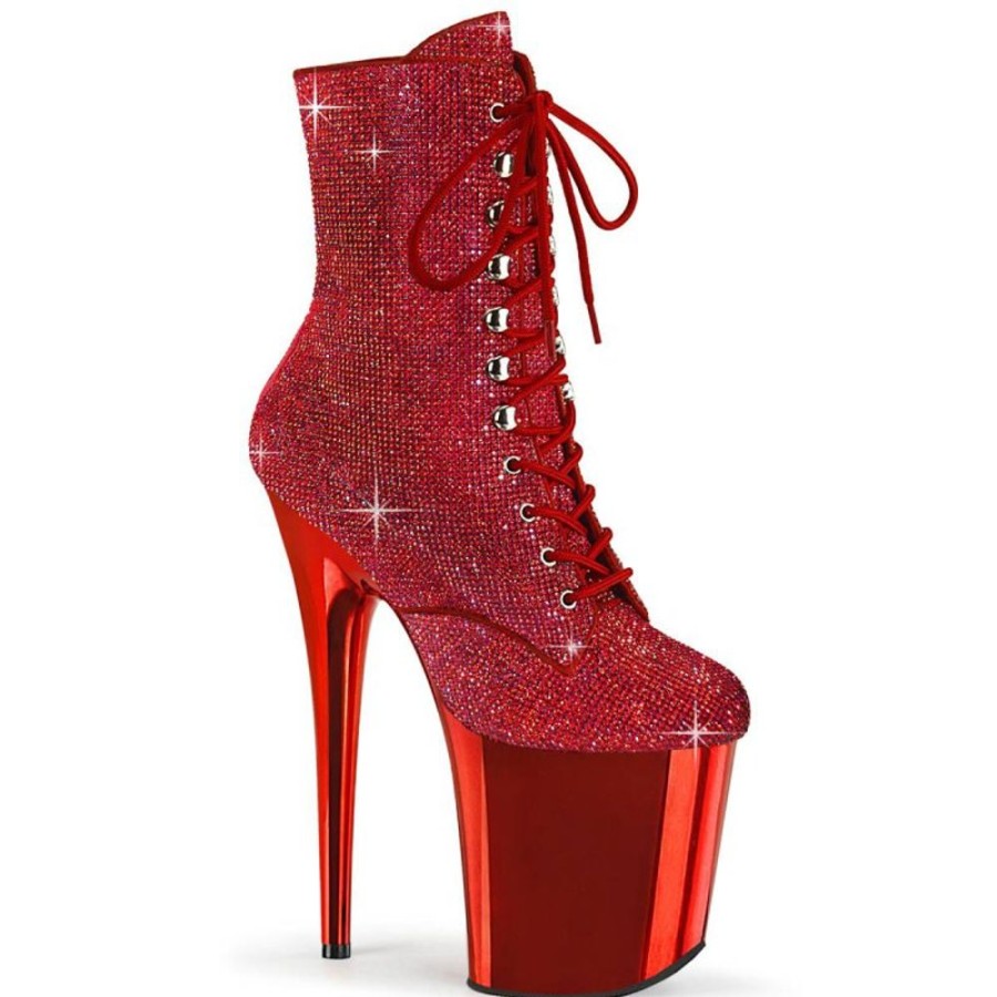 High Heels Pleaser | Pleaser Flamingo-1020Chrs Plateau Stiefeletten Strass Chrom Rot