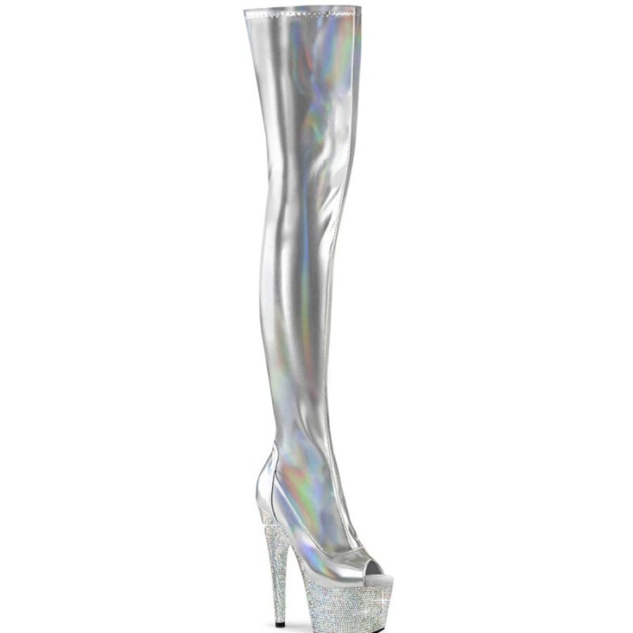 High Heels Pleaser | Pleaser Bejeweled-3011-7 Plateau Overknee Stiefel Holo Strass Silber