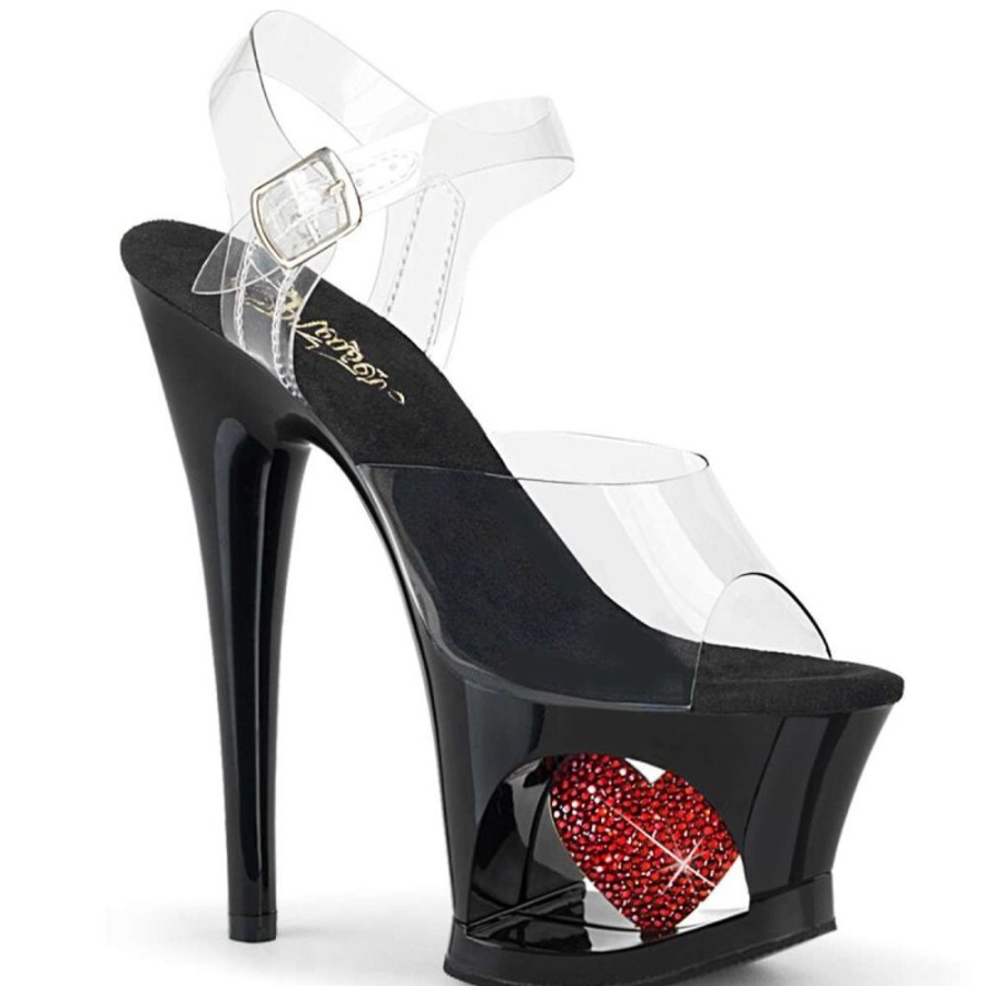 High Heels Pleaser | Pleaser Sandalette Moon-708Hrs Transparent Schwarz Rot Strass