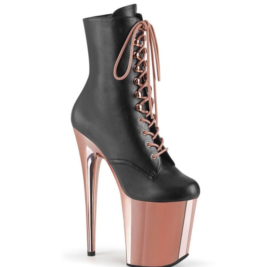 High Heels Pleaser | Pleaser Flamingo-1020 Plateau Stiefeletten Kunstleder Chrom Rose-Gold Schwarz