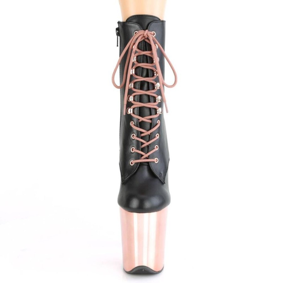 High Heels Pleaser | Pleaser Flamingo-1020 Plateau Stiefeletten Kunstleder Chrom Rose-Gold Schwarz