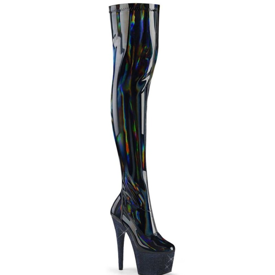 High Heels Pleaser | Pleaser Bejeweled-3000-7 Plateau Overknee Stiefel Holo Strass Schwarz