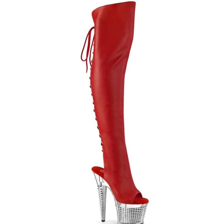 High Heels Pleaser | Pleaser Spectator-3019 Plateau Overknee Stiefel Kunstleder Chrom Rot